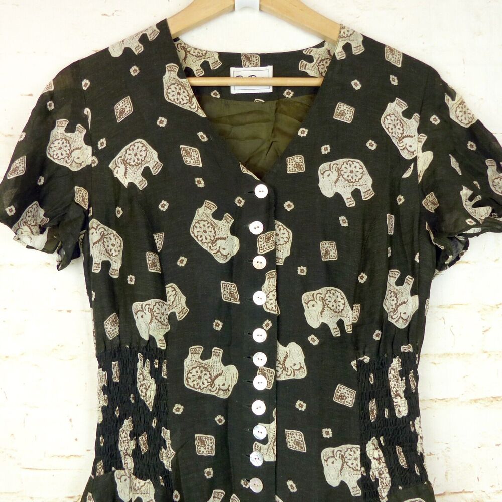 Betty Barclay Dress Womens 38 Green Ethnic Elephant Print Linen Blend Button VTG - Picture 3 of 15
